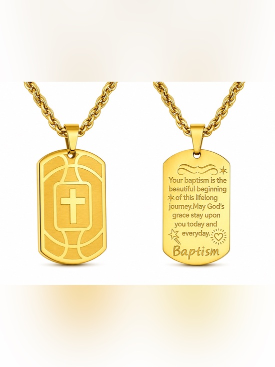 Jewelry - Basketball Cross Necklace for Men Gold Stainless Steel Dog Tag Christian Baptism